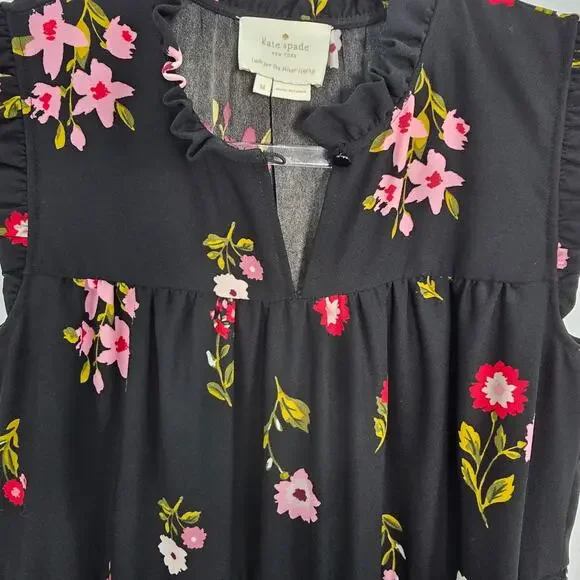 Kate Spade Ma Cherie In Bloom Black Floral Smocked Waist Tiered A Line Dress - Picture 5 of 10